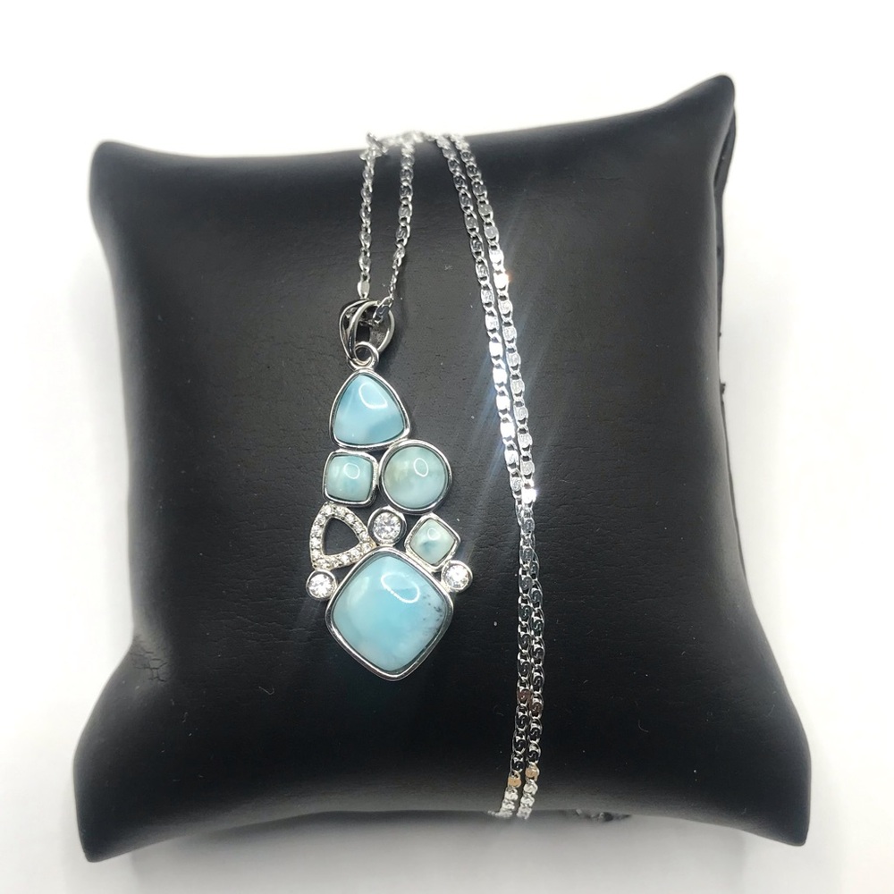 925 Sterling Silver Natural Larimar Drop Pendant Necklace Size 18”